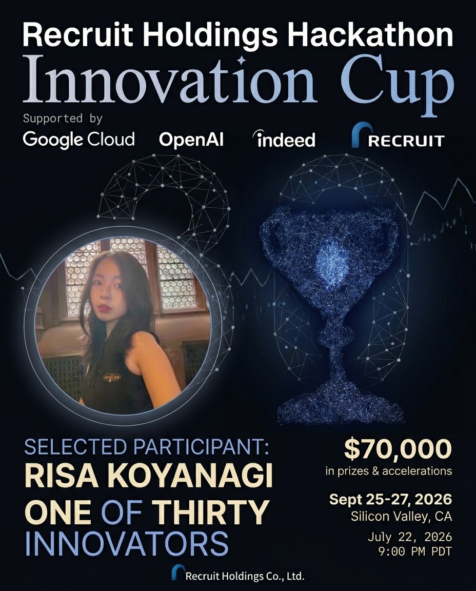 Recruit Holdings Hackathon Innovation Cup — selected participant announcement for Risa Koyanagi, one of thirty innovators